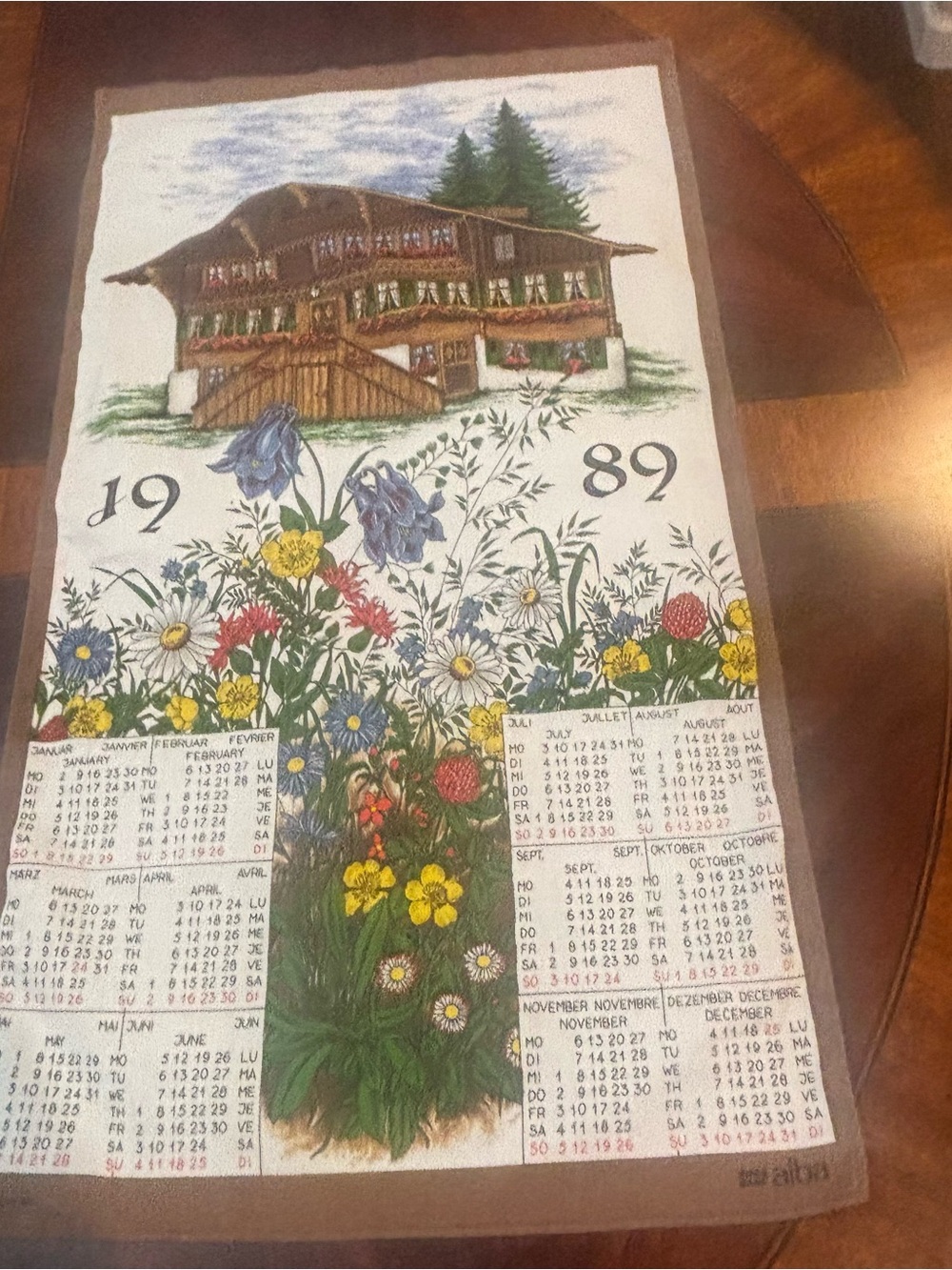 Retro 1989 Linen Calendar Towel Ski Lodge Cabin Decor Trilingual Souvenir